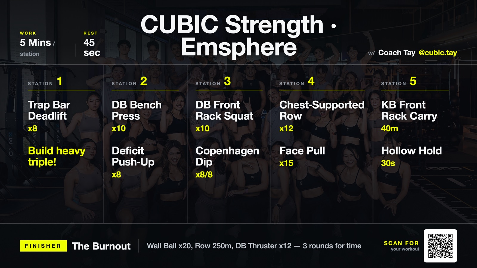 CUBIC gym-TV class board on the wall — the workout, coach credit, and a scannable QR members use to post their own win