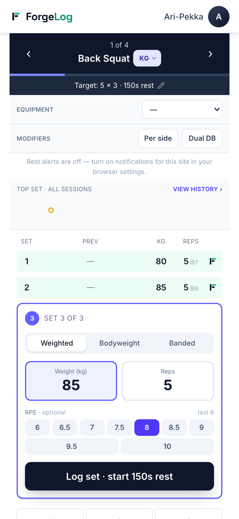 In-session logging screen — exercises and sets logged on a phone