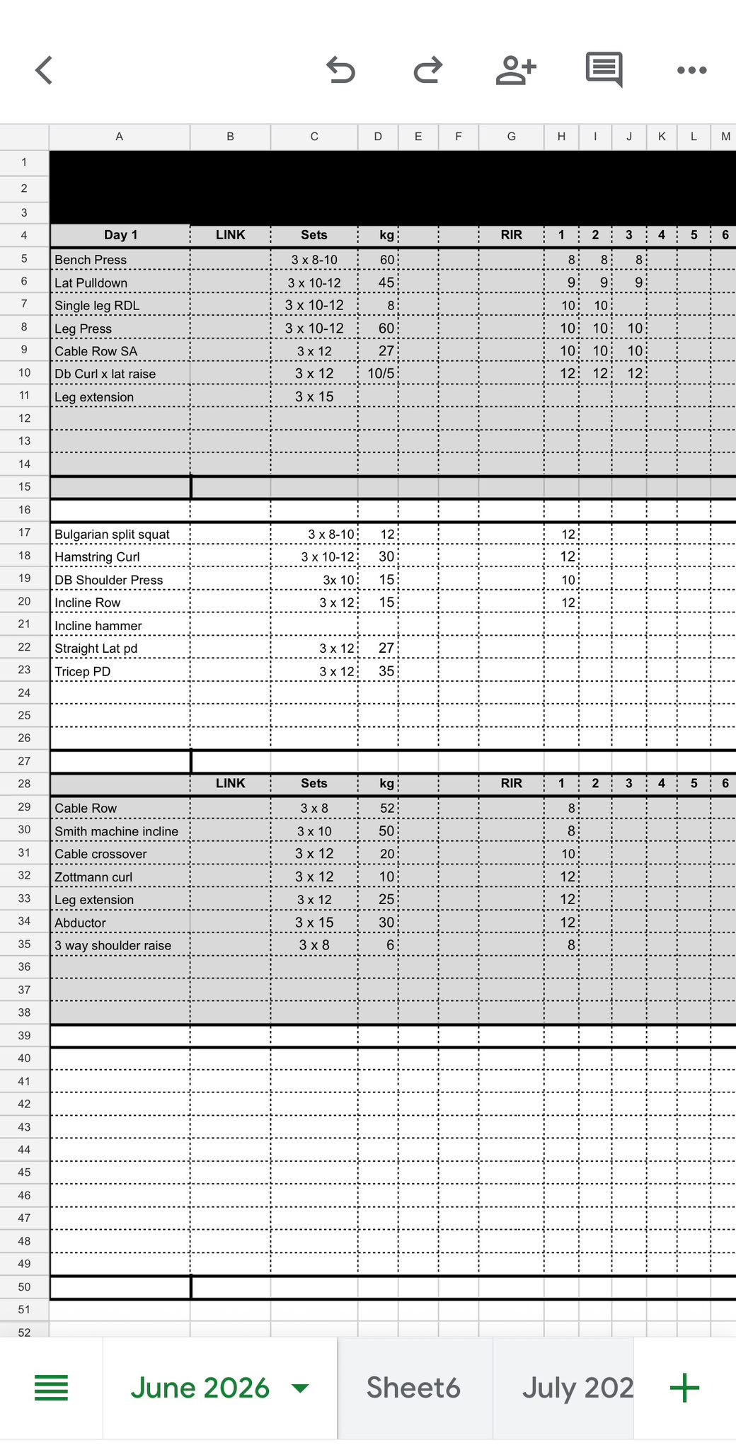 A real CUBIC monthly meso workout sheet in Google Sheets — Day 1/2/3, exercises, sets, kg and RIR across month tabs