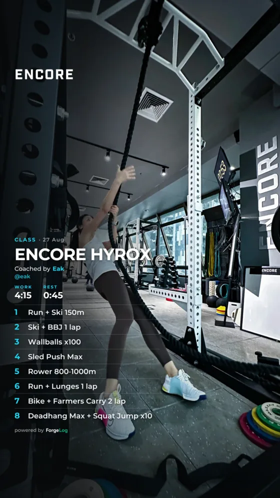 Encore Hyrox as a member's post: Eak credited, eight stations on the 4:15 clock