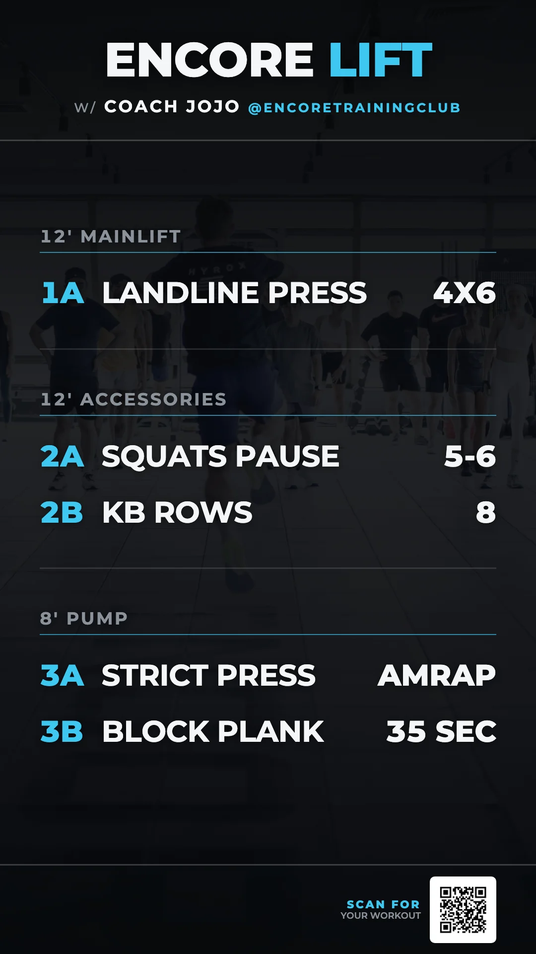 Encore's own class rendered on a ForgeLog board: coach Jojo credited, 12' Mainlift, 12' Accessories, 8' Pump, and a scan code in the corner
