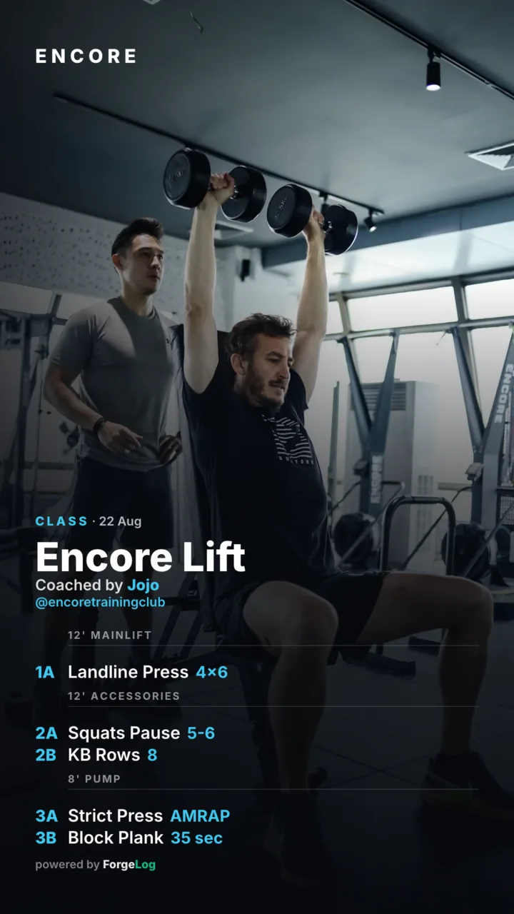 The post that scan produces: an Encore member's photograph with ENCORE across the top, Encore Lift, coached by Jojo, @encoretrainingclub, and the same 1A/2A/2B/3A/3B blocks off the board