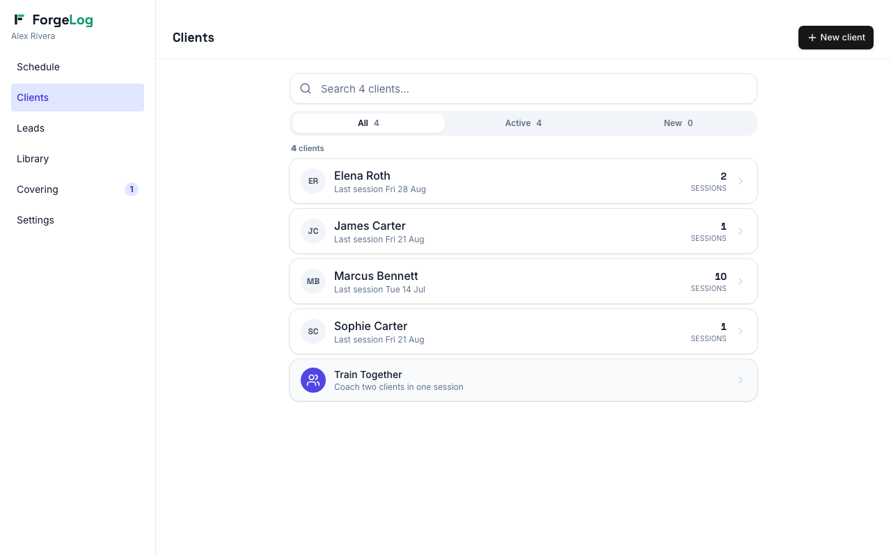 A ForgeLog coach's client list with each client's last session