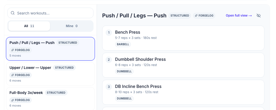 The ForgeLog workout library: ready-made sessions, one open with its five moves