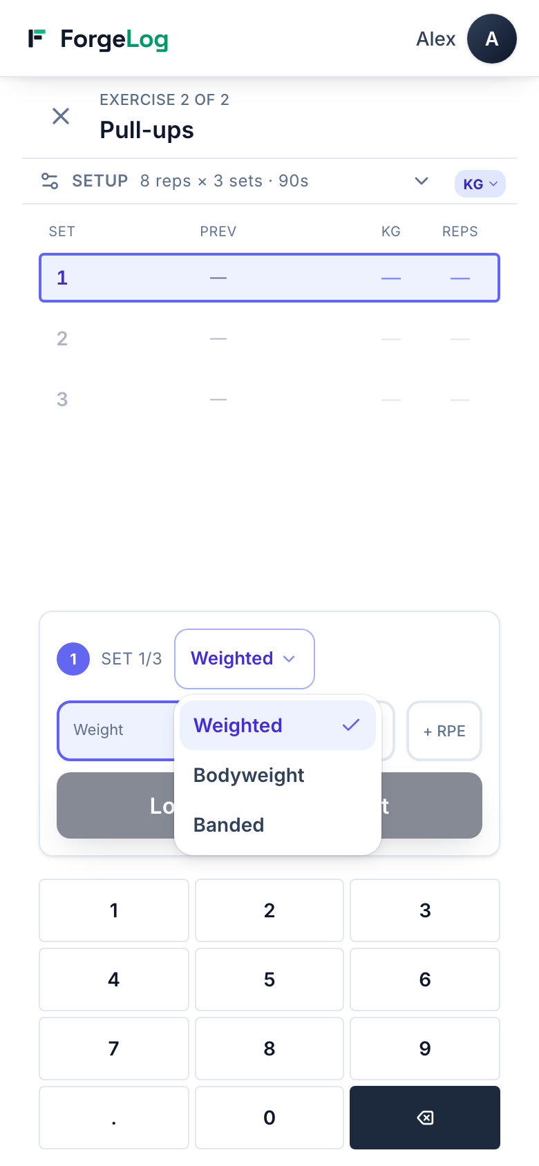 The ForgeLog logger with the load-mode control open: Weighted, Bodyweight, Banded