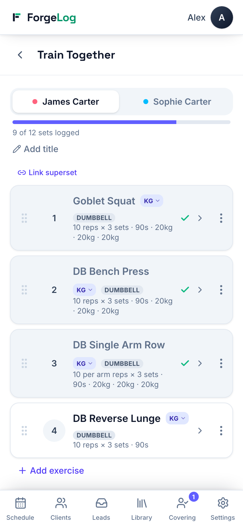 ForgeLog Train Together on a phone: two named clients as tabs, the active one open with their own exercises