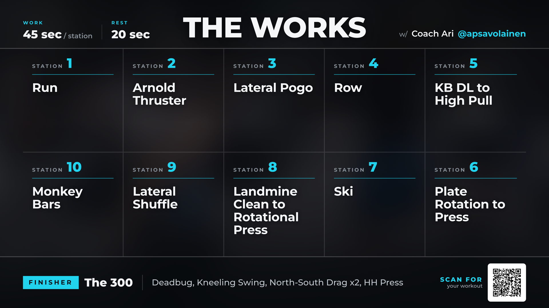 The BASE class board on the gym screen: THE WORKS, ten stations, coached by Ari, with a code in the bottom-right corner