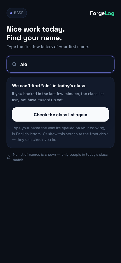 Phone screen: we can't find that name in today's class, with a Check the class list again button
