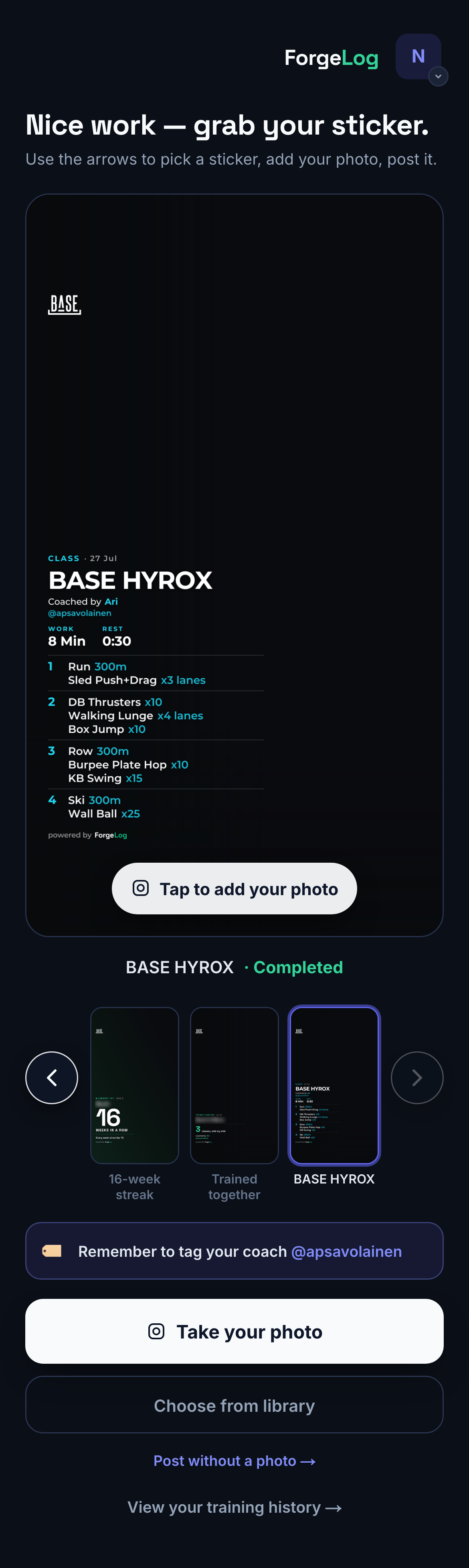 Phone screen: the picker with the class card selected — BASE HYROX, every station, coached by Ari
