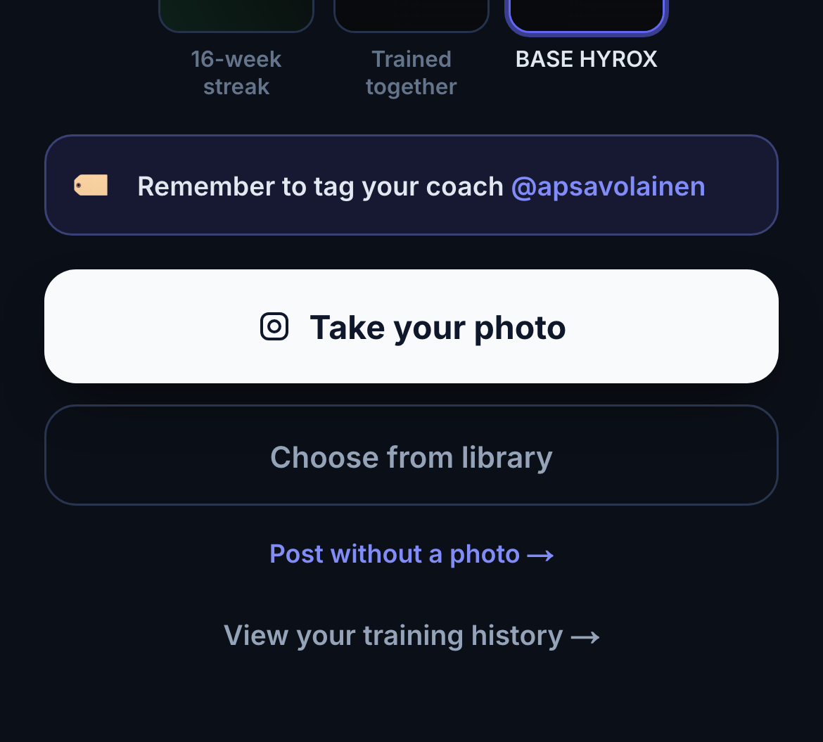 Close-up of the bottom of the picker: Remember to tag your coach at apsavolainen, Take your photo, Choose from library, Post without a photo
