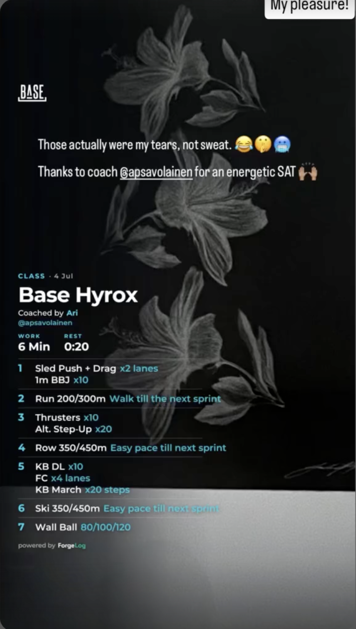 A real posted story: a Base Hyrox class card over a client's own gym photo